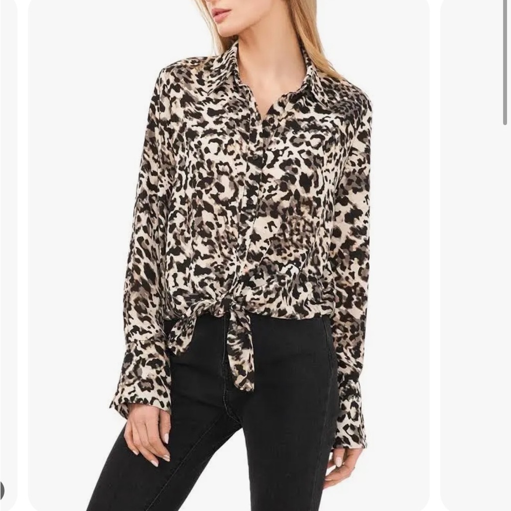 NWT Vince Camuto Women's Animal Print Tie Front Collared Button Down Blouse